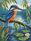 Miniatyrbild: En blåorange kungsfiskare över en sjö med näckrosblad, vass och en vit näckros