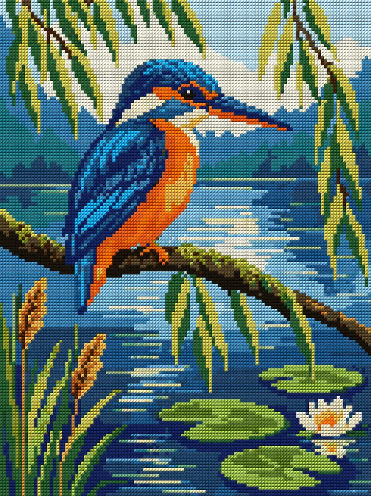 Kingfisher Pond, 30x40 cm diamond painting – full design preview without the close-up inset