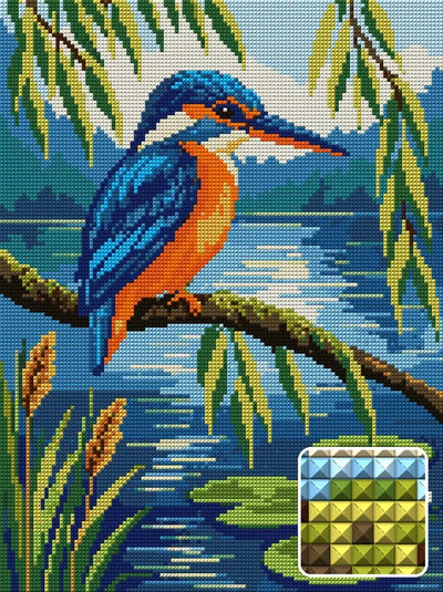 Kingfisher Pond, 30x40 cm diamond painting – finished design preview with a close-up of square drills
