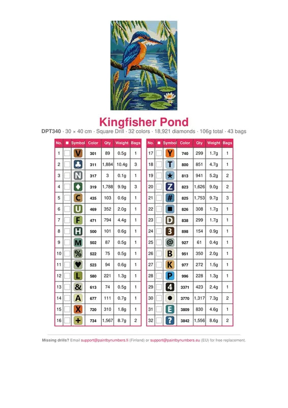 DMC color chart for Kingfisher Pond diamond painting - 32 colors