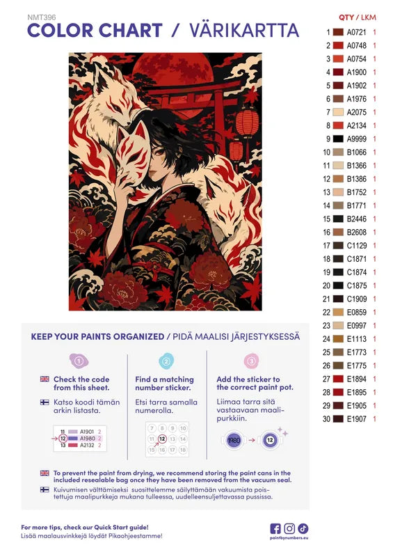 Paint color chart and instructions - Kitsune Night 30x40cm