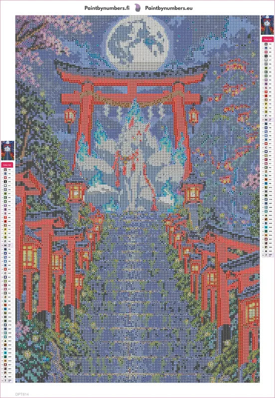 Diamond painting adhesive canvas preview - Kitsune Shrine at Night