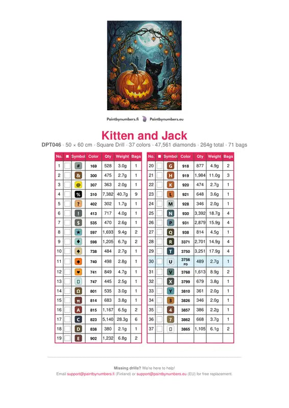 Color chart for the Kitten and Jack diamond painting
