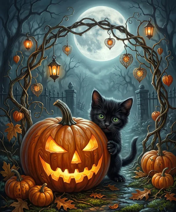 Diamond painting of a black cat, a jack-o'-lantern, and a full moon on a Halloween night.