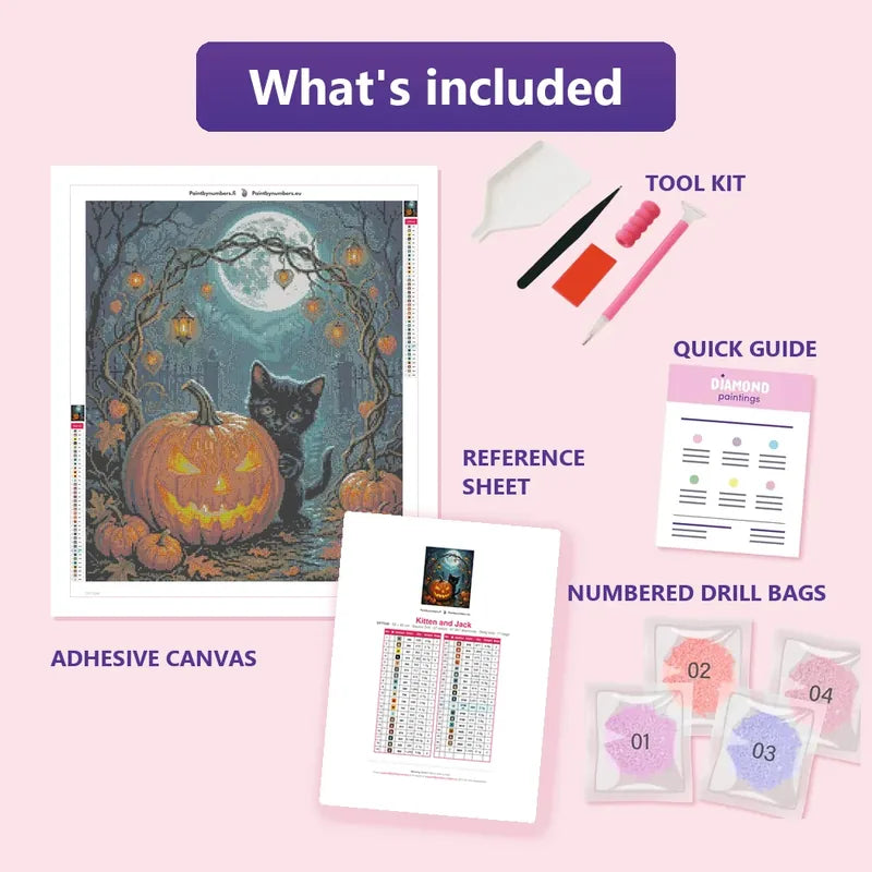 Kitten and Jack 50x60cm diamond painting kit contents: adhesive canvas, color chart, tools and diamond bags