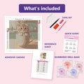 Thumbnail for Kitten in a Cup 30x30cm diamond painting kit contents: adhesive canvas, color chart, tools and diamond bags