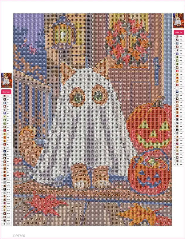 Diamond painting adhesive canvas preview - Kitten in a Ghost Sheet