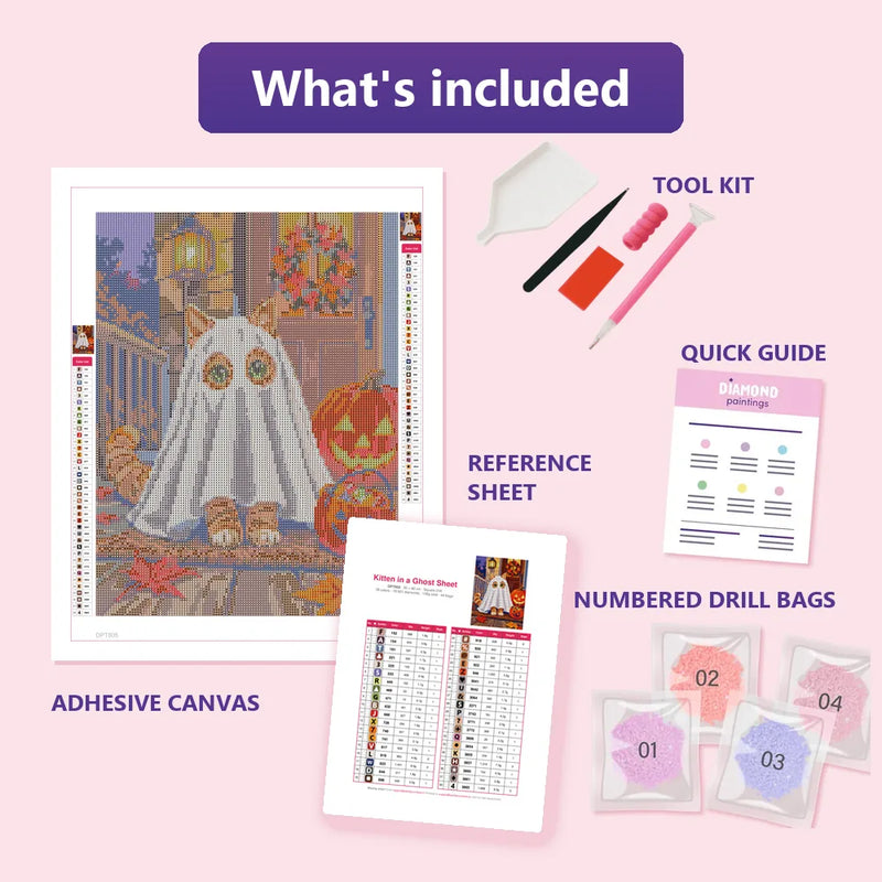 What is included in the Kitten in a Ghost Sheet diamond painting kit - adhesive canvas, reference sheet, tools and numbered drill bags