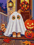 Thumbnail for kitten wearing a ghost sheet costume on a porch next to a jack-o'-lantern, 30x40 cm diamond painting – full design preview