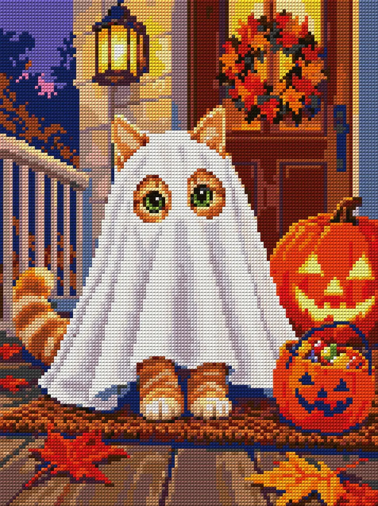 kitten wearing a ghost sheet costume on a porch next to a jack-o'-lantern, 30x40 cm diamond painting – full design preview
