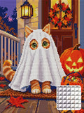 Thumbnail for kitten wearing a ghost sheet costume on a porch next to a…, 30x40 cm diamond painting – design and close-up of square drills