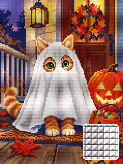 kitten wearing a ghost sheet costume on a porch next to a…, 30x40 cm diamond painting – design and close-up of square drills