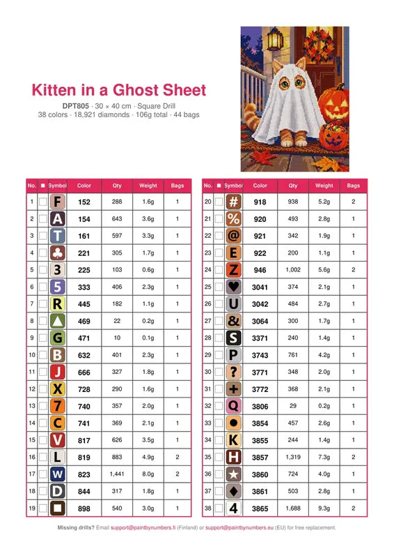 DMC color chart for Kitten in a Ghost Sheet diamond painting - 38 colors