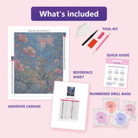 Thumbnail for Kitten in Flowers 40x50cm diamond painting kit contents: adhesive canvas, color chart, tools and diamond bags