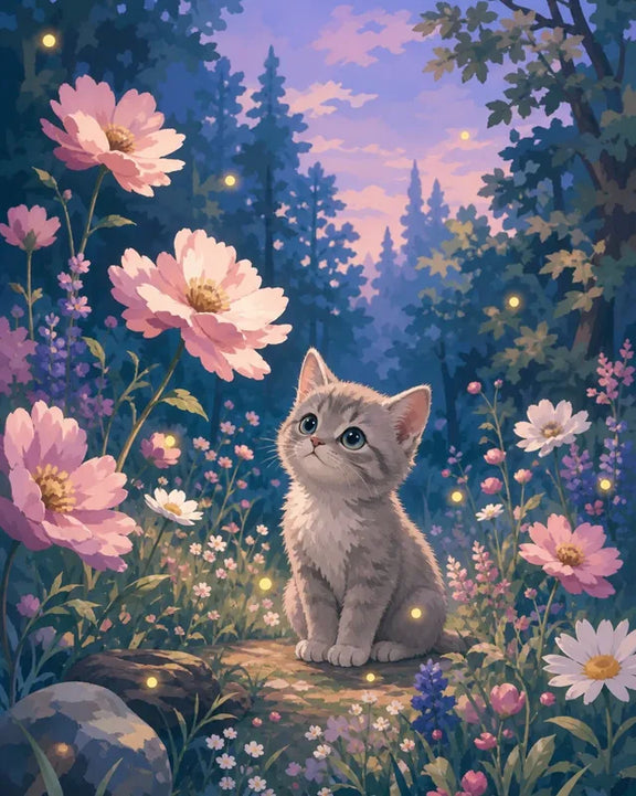 Diamond painting of an adorable kitten in a blooming forest in the evening light.