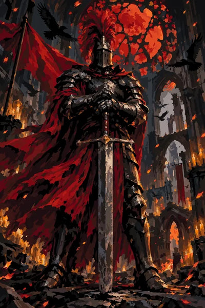 Armored knight in cathedral ruins paint by numbers