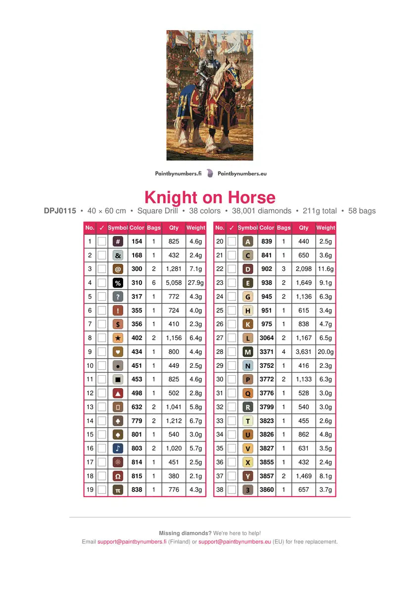 Knight on Horse diamond painting color chart – 38 DMC colors