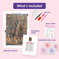 Thumbnail for Knight on Horse 40x60cm diamond painting kit contents: adhesive canvas, color chart, tools and diamond bags