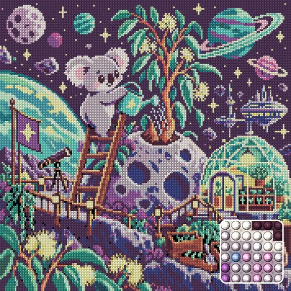 Koala Moon Gardener, 50x50 cm diamond painting – finished design preview with a close-up of round drills