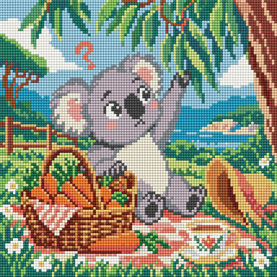 Tecknad koala på rutig picknickfilt som sträcker sig efter blad bredvid en morotskorg
