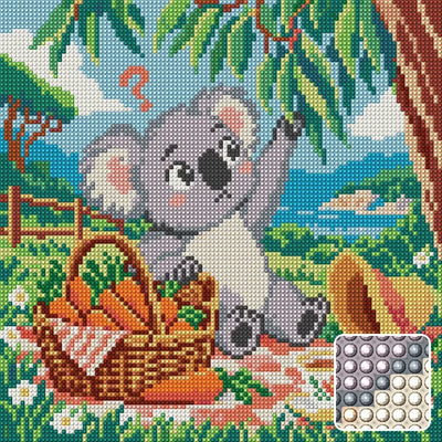 Koala with the Wrong Picnic, 30x30 cm diamond painting – finished design preview with a close-up of round drills