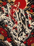 Thumbnail for Two koi fish and waterfall paint by numbers, red sun, maple leaves.