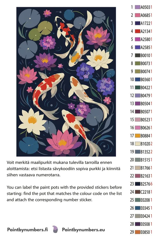 Paint color chart and instructions - Koi Fish and Water Lilies 40x60cm