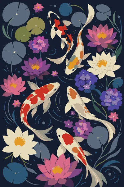 Koi fish and water lilies paint by numbers. Colorful fish and flowers on a dark background.