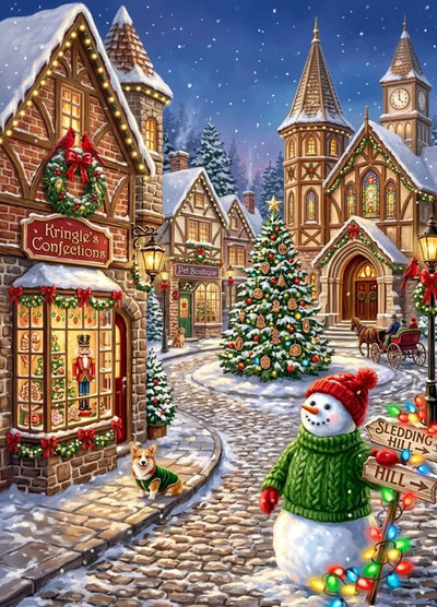 Diamond painting of a Victorian Christmas village with a snowman, Christmas tree, and illuminated houses.