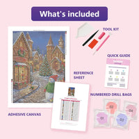 Thumbnail for Kringle's Confections 80x110cm diamond painting kit contents: adhesive canvas, color chart, tools and diamond bags