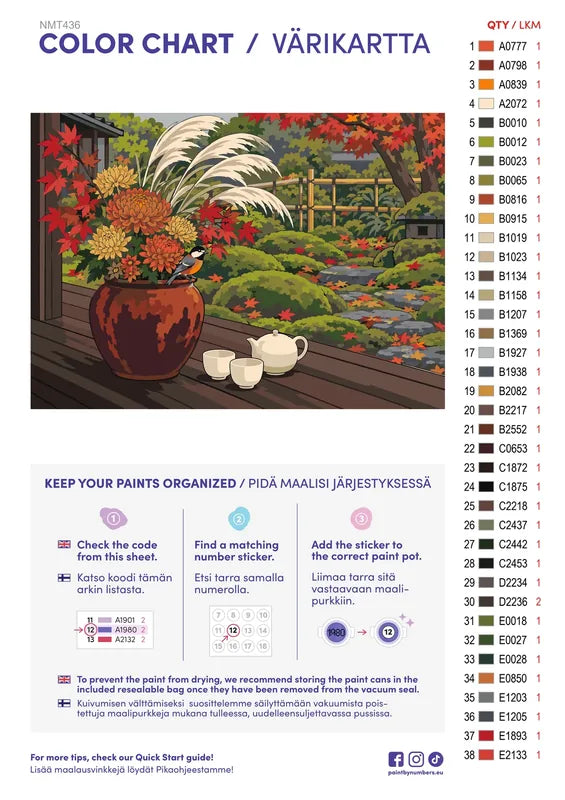 Paint color chart and instructions - Kyoto Veranda Chrysanthemums, November 70x50cm