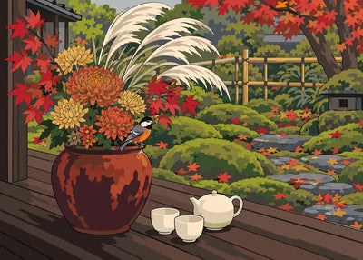 Paint by numbers of chrysanthemums and maple branches in a jar on a veranda, with a teapot and Japanese garden behind.