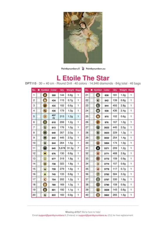 DMC color chart for L Etoile The Star diamond painting - 40 colors