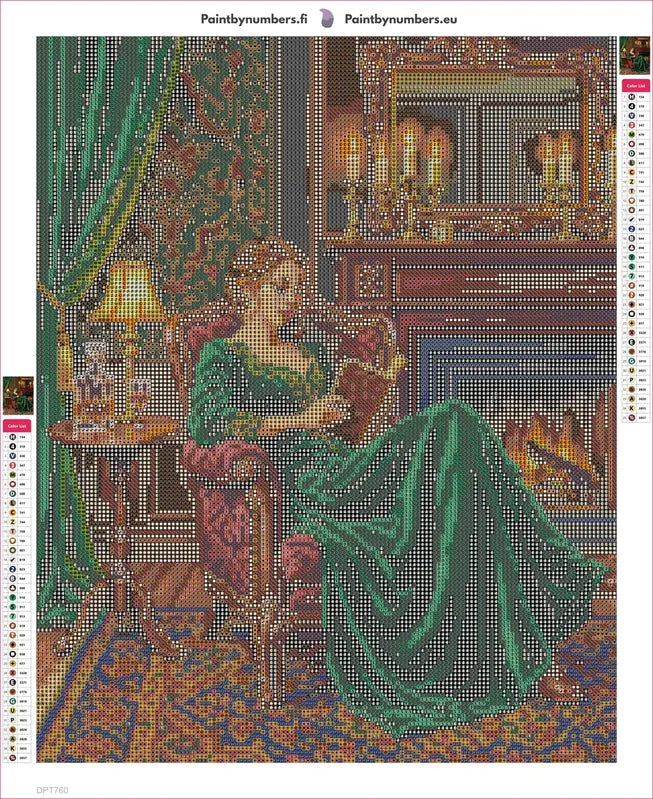 Diamond painting adhesive canvas preview - Lady Reading by Fireplace