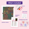 Thumbnail for What is included in the Lady Reading by Fireplace diamond painting kit - adhesive canvas, reference sheet, tools and numbered drill bags