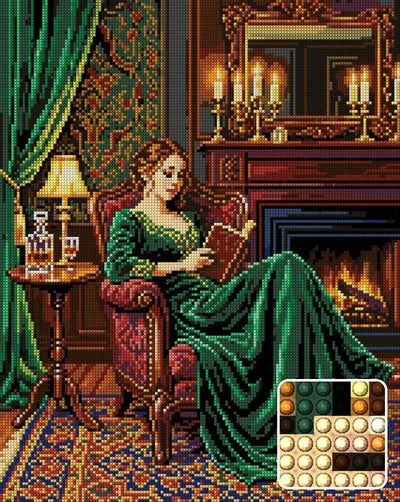 Lady Reading by Fireplace, 40x50 cm diamond painting – finished design preview with a close-up of round drills