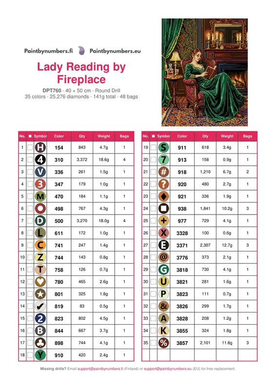 DMC color chart for Lady Reading by Fireplace diamond painting - 35 colors