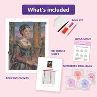 Thumbnail for Lady with Mandolin 60x80cm diamond painting kit contents: adhesive canvas, color chart, tools and diamond bags