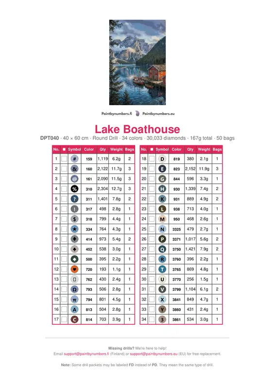 Lake Boathouse diamond painting color chart – 34 DMC colors