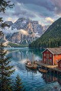 Thumbnail for Diamond painting of a mountain lake harbor, red boathouse, boats and mountains in the background.