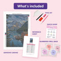 Thumbnail for Lake Boathouse 40x60cm diamond painting kit contents: adhesive canvas, color chart, tools and diamond bags