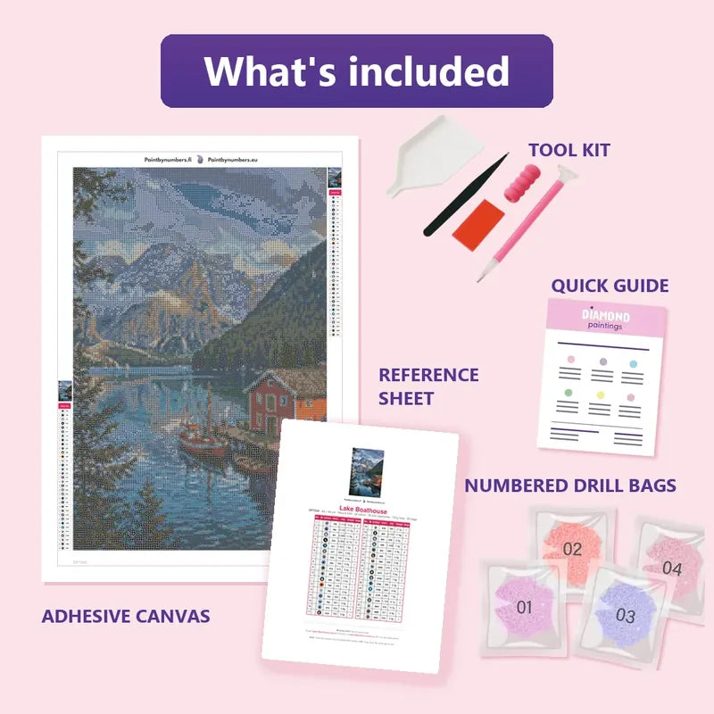 Lake Boathouse 40x60cm diamond painting kit contents: adhesive canvas, color chart, tools and diamond bags