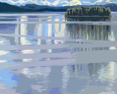 Paint by numbers of Gallen-Kallela's Lake Keitele: a wooded island and clouds reflected in a still lake.