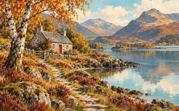 Diamond painting-motiv med en stenstuga med röd dörr vid en höstsjö under en björk
