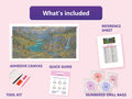 Thumbnail for What is included in the Lakeside Picnic diamond painting kit - adhesive canvas, reference sheet, tools and numbered drill bags
