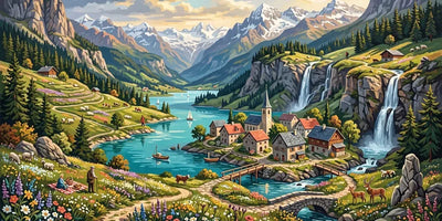 Diamond Painting of an alpine village with mountains, lake, waterfalls, and wildflower meadow.