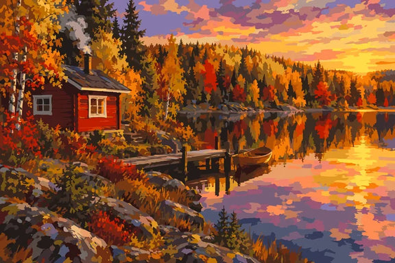 Red cabin by lake in autumn paint by numbers