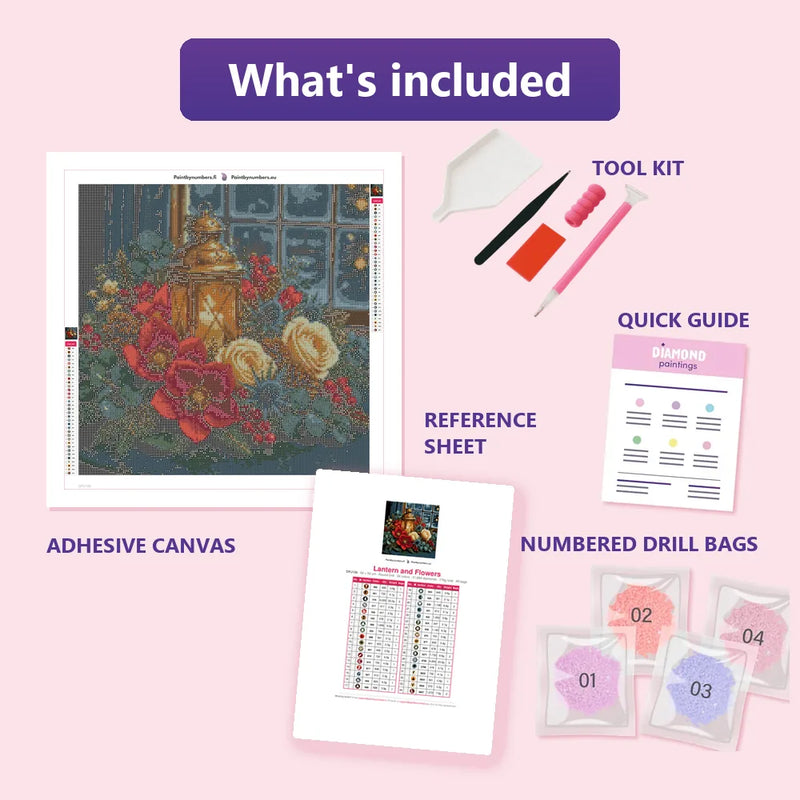 What is included in the Lantern and Flowers diamond painting kit - adhesive canvas, reference sheet, tools and numbered drill bags