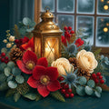 Thumbnail for Diamond Painting of a winter lantern, flowers, and window with a warm, cozy ambiance.