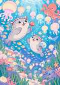 Thumbnail for Two cartoon seals in an underwater scene, paint by numbers.